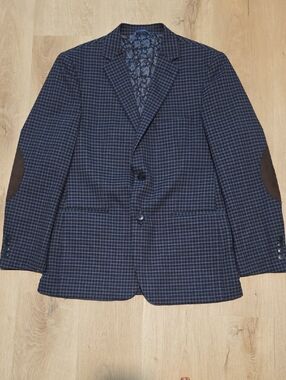 Crown & Ivy Sport Coat Navy Gingham Plaid 2 Button Elbow Patch
